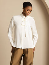 [White] SilkSilky  Long Sleeve Tie Neck Women's Blouse 004