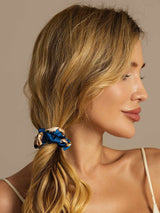 [Navy Dragon] Woman wearing blue and white silk scrunchie in blonde ponytail 004