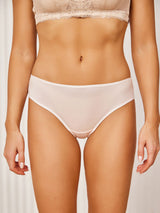 [Tan] Low-rise nude silk panties on model, soft breathable 100% mulberry silk 001