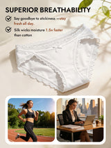 [White] White Mulberry silk bikini panty with lace trim and bow, breathable moisture-wicking 004