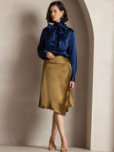 [Dark Blue] SilkSilky  Long Sleeve Tie Neck Women's Blouse 005