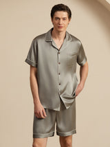 [Grayish Green] Men's gray-green mulberry silk short sleeve pajama set with notch collar and shorts 005