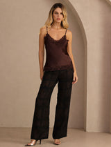 [Brown] Brown lace-trim V-neck camisole top on a model in a full-body front view with arms relaxed and feet close together. 007