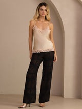 [Champagne] Champagne lace-trim camisole in a full front view, with both arms down and feet apart. 006