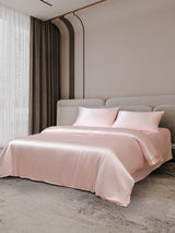 [Pink] Pink silk bedding set with duvet cover, flat sheet and two pillowcases on a modern bed 002
