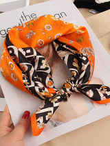 [P035] Orange and black 100% mulberry silk square scarf with floral print 001