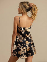 [Black Dragon] Back view of black mulberry silk camisole and shorts set with gold dragon print and spaghetti straps 002