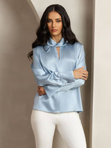 [Grayish Blue] SilkSilky  Long Sleeve Keyhole Neck Women's Blouse 006