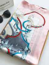 [P015] Pink printed mulberry silk square scarf with equestrian chain pattern 003