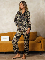 [Leopard] Women's leopard print silk pajamas set with long sleeves and pants 005