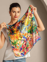 [P096] Model holding colorful oil painting floral 100% mulberry silk square scarf with teal border 002