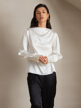 [White] SilkSilky  Long Sleeve Boat Neck Women's Blouse 005