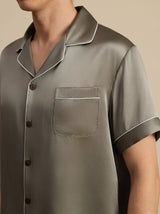 [Grayish Green] Men's olive silk short sleeve pajama shirt with notch collar and contrast piping 006
