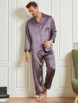 [Purple Gray] Men's lavender silk pajamas set with notch collar, button-up top, and long pants 004
