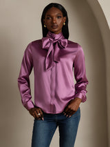[Deep Purple] Purple silk long sleeve high neck bow tie blouse with button cuffs 001