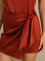 [Caramel] Rust-red silk cowl neck sleeveless short dress with waist tie and draped front 005
