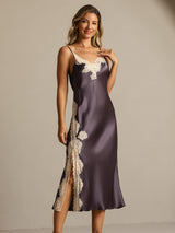 [Purple Gray] SilkSilky  Spaghetti Strap V Neck Nightgown 007
