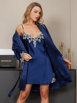 [Dark Blue] Navy blue mulberry silk spaghetti strap lace nightgown with matching robe set 004
