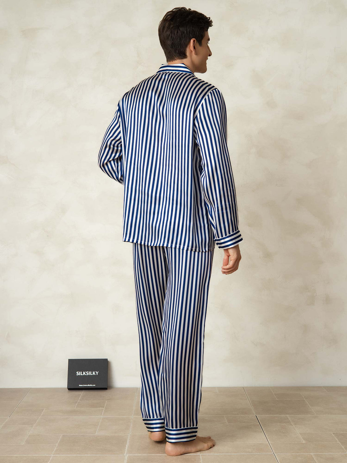 [Navy Stripe] Blue and white striped mulberry silk pajamas set with long sleeves and lapel collar