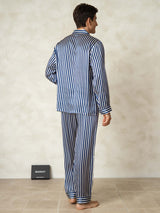 [Navy Stripe] Blue and white striped mulberry silk pajamas set with long sleeves and lapel collar