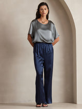 [Dark Gray] Woman wearing a gray pure silk short sleeve round neck T-shirt with navy silk pants 004
