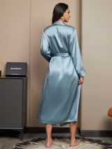 [Grayish Blue] Blue long sleeve mulberry silk wrap robe with belt, back view 002