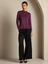 [Purple] Model wearing plum pure silk long sleeve mock neck top with black wide-leg pants 008