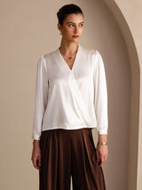 [White] SilkSilky  Long Sleeve Wrap Women's Blouse 001