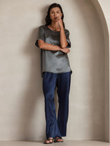 [Dark Gray] Women's gray pure silk short sleeve round neck T-shirt 005