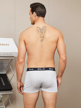 [Gray] Back view of man wearing white mulberry silk boxer underwear with black SILK waistband