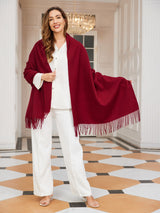 [Wine] wine red rectangular shawl with fringed edges, styled front view, draped broadly around the shoulders. 002