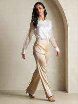 [White] Women's white silk sheer sleeve lapel collar shirt with beige high-waist pants 008