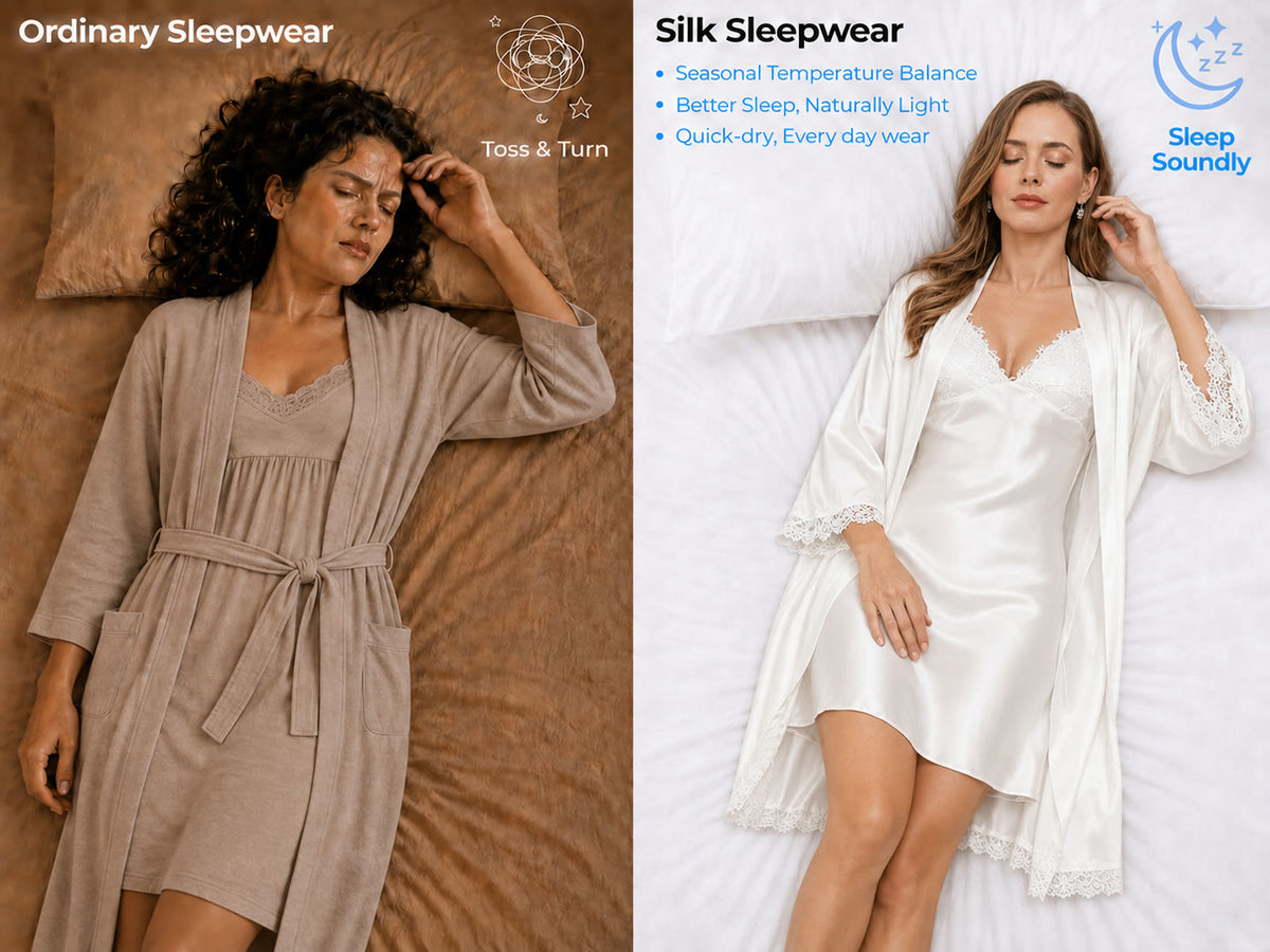 100% Mulberry Silk Bridal V Neck Lace Short Nightgown&Robe Set with Split - Detail 1