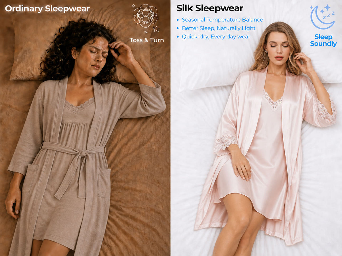 100% Mulberry Silk V Neck Short Nightgown&Robe Set with Lace Design - Detail 1