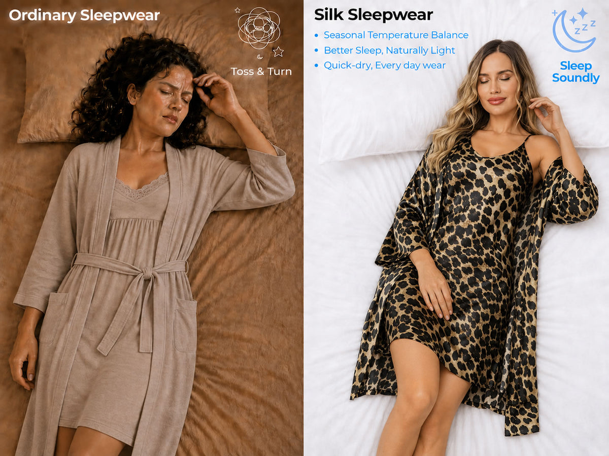 100% Mulberry Silk Leopard Print Short Nightgown&Robe Set - Detail 1