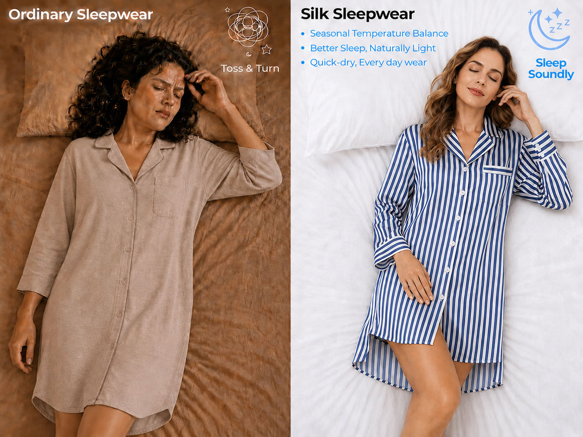 100% Mulberry Silk Stripe Print Nightshirt with High-Low Hem - Detail 1