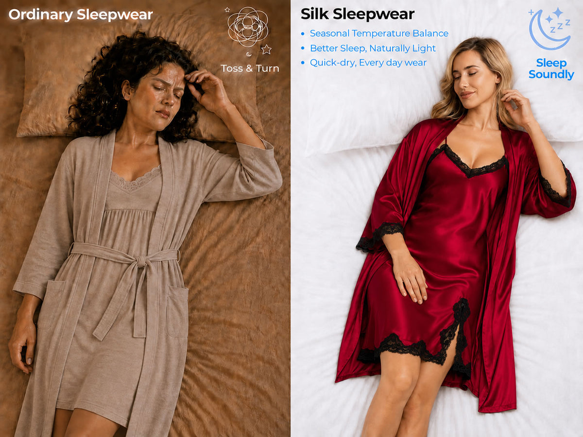 100% Mulberry Silk Basic Lace Trimmed Split Nightgown&Robe Set 2Pcs - Detail 1