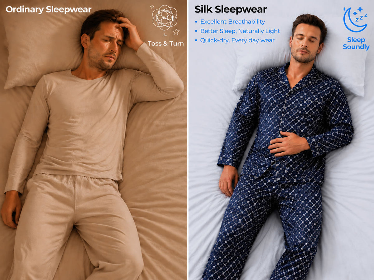 100% Mulberry Silk Navy Chain Print Long Sleeve Men's Pajamas Set With Pants - Detail 1