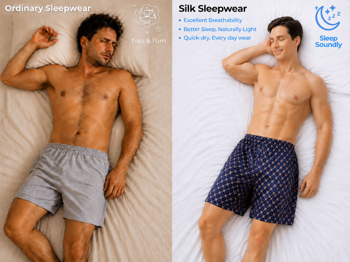 100% Mulberry Silk Navy Chain Print Elastic Waist Men's Sleep Shorts - Detail 1