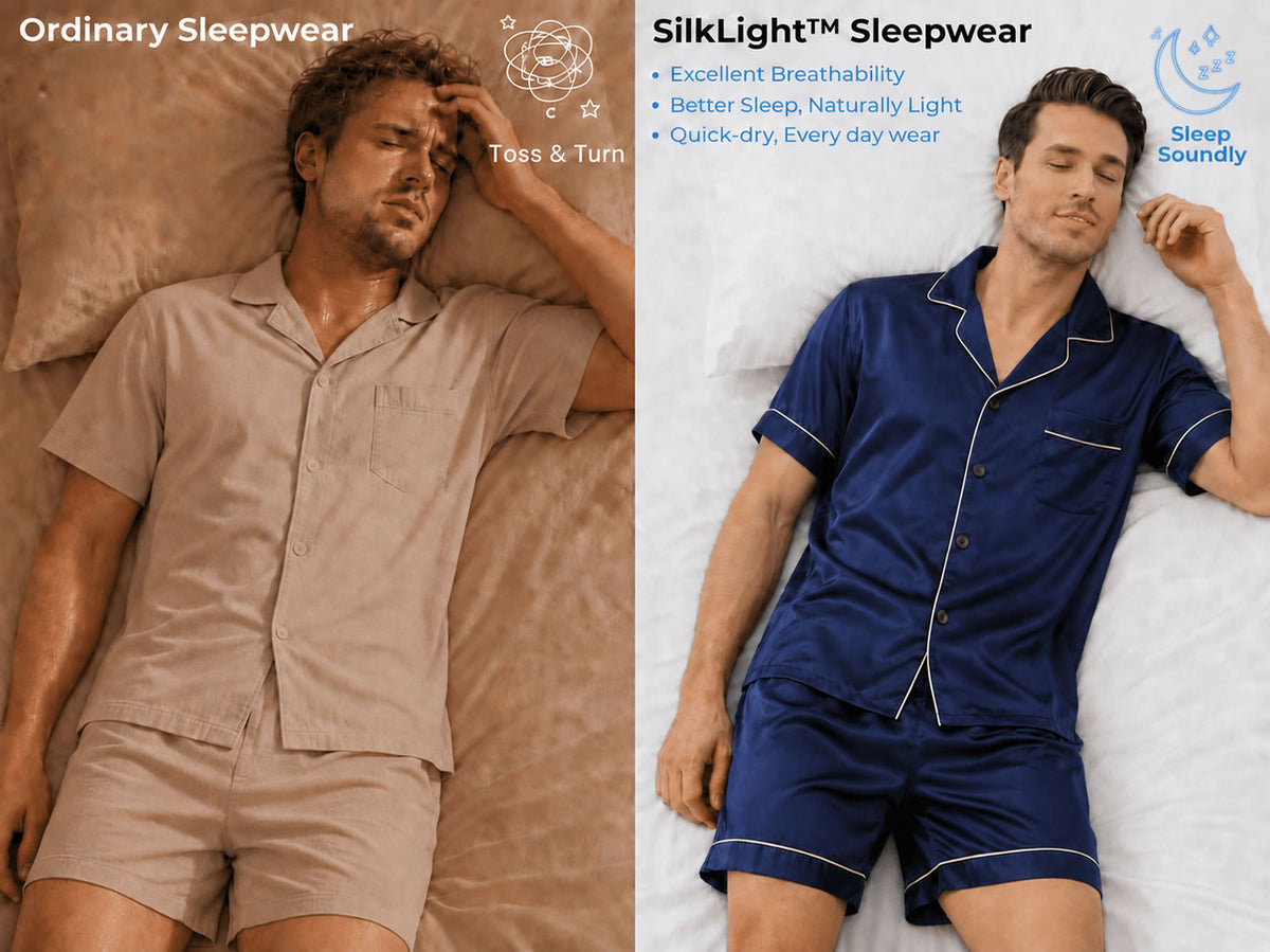 100% Mulberry Silk Short Sleeve Notch Collar Men's Pajamas Set with Shorts - Detail 1