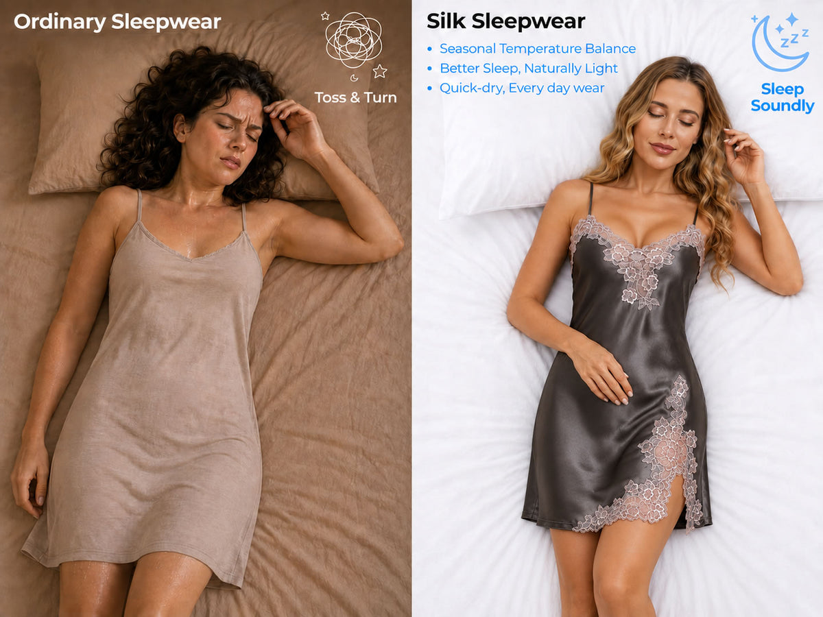 100% Mulberry Silk Sexy V-neck Lace Short Nightgown with Split Design - Detail 1