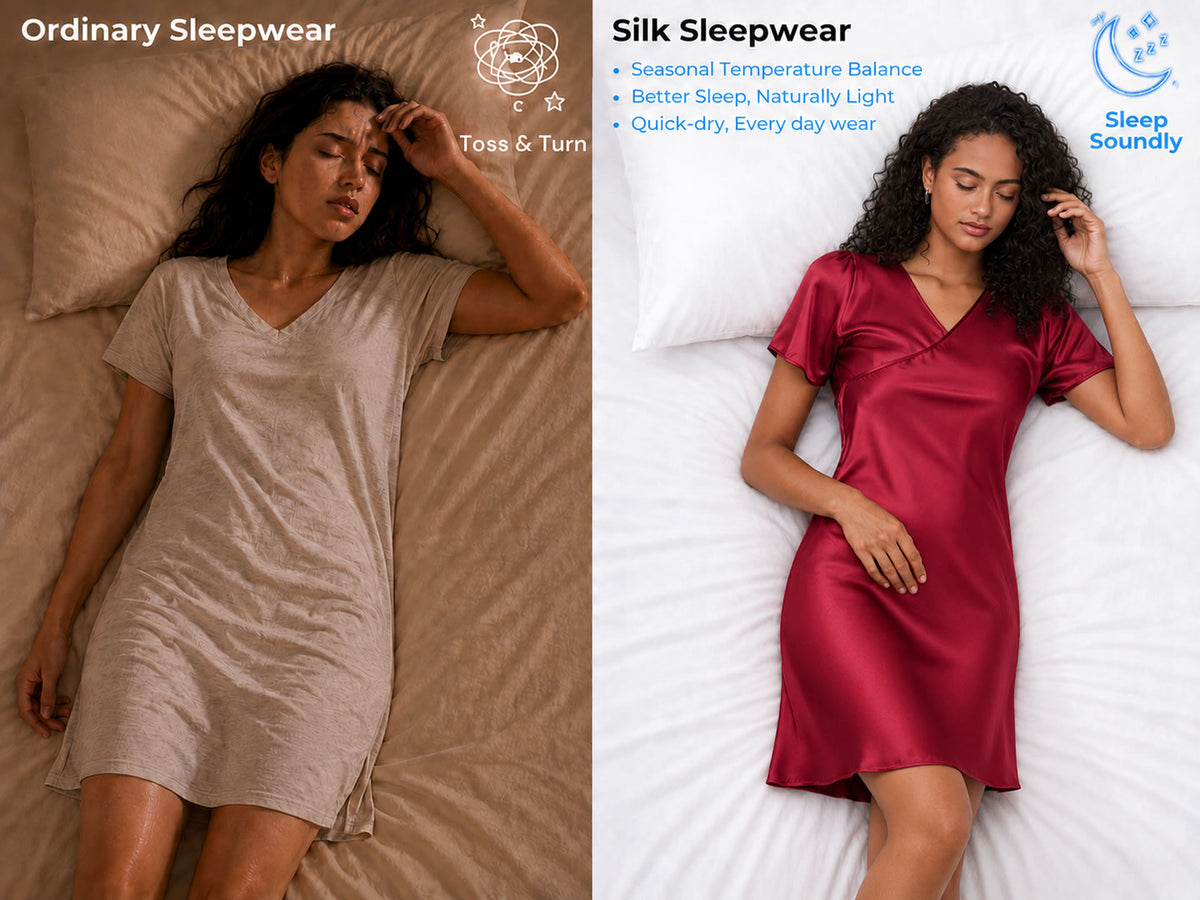 Women's 100% Mulberry Silk Puff Sleeve V-neck Short Nightgown - Detail 1