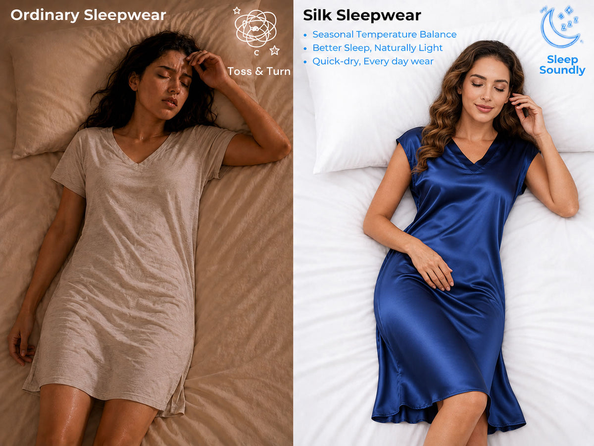100% Mulberry Silk Cap Sleeve V-neck Knee Nightgown - Detail 1