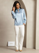 [Grayish Blue] SilkSilky  Long Sleeve Keyhole Neck Women's Blouse 013