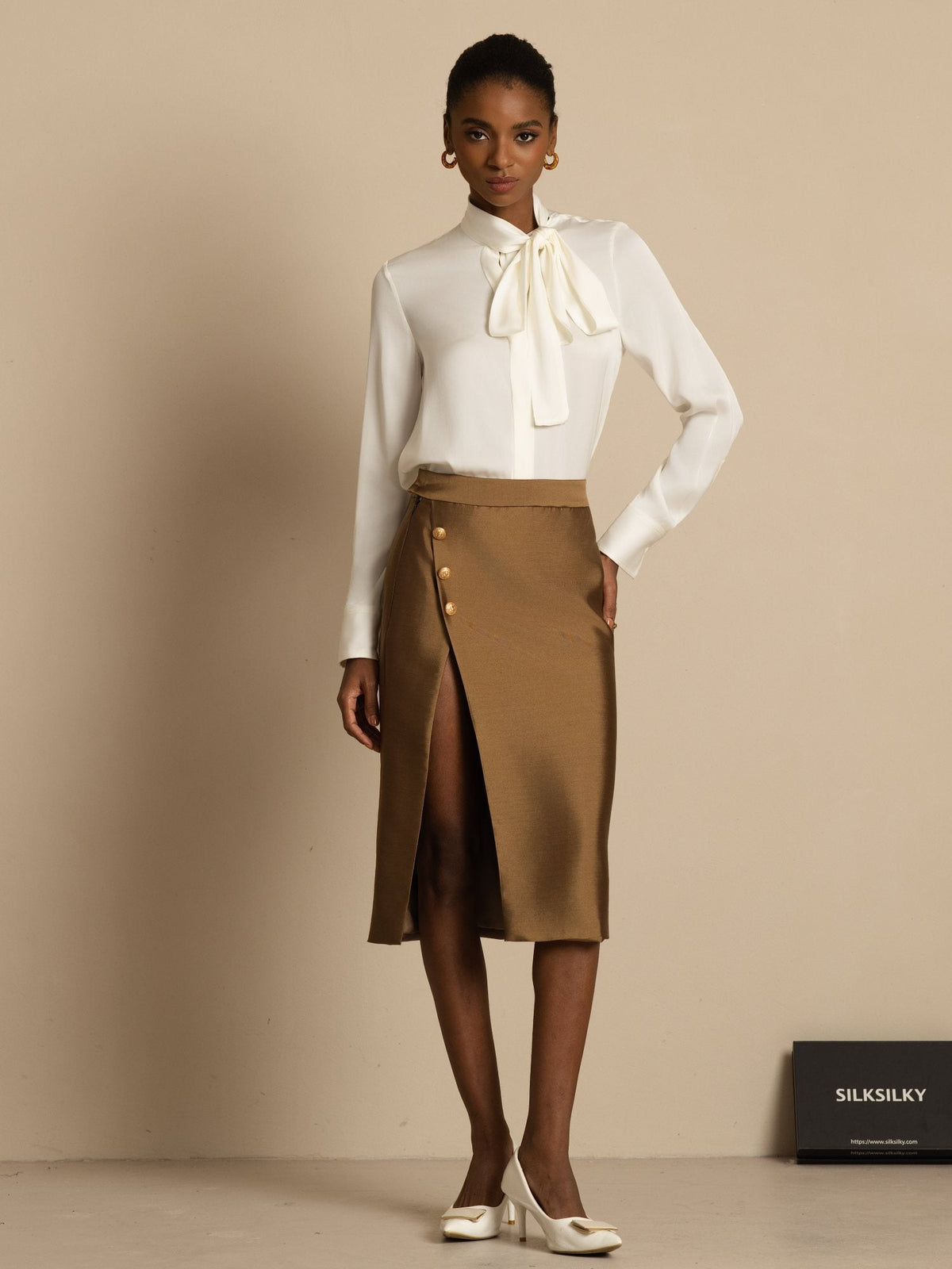 [White] SilkSilky  Long Sleeve Tie Neck Women's Blouse 002