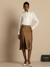 [White] SilkSilky  Long Sleeve Tie Neck Women's Blouse 002