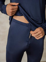 [Dark Blue] Navy men's silk jersey long johns showing elastic waistband and soft knit fabric 005