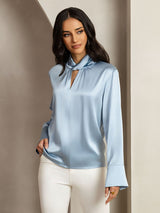 [Grayish Blue] SilkSilky  Long Sleeve Keyhole Neck Women's Blouse 008