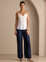 [White] Full-length front view of a white silk camisole with spaghetti straps and ivory floral lace at the V neckline 006