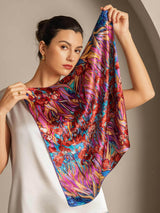 [P095] Model holding vibrant floral 100% Mulberry silk square scarf in pink, blue and red 003